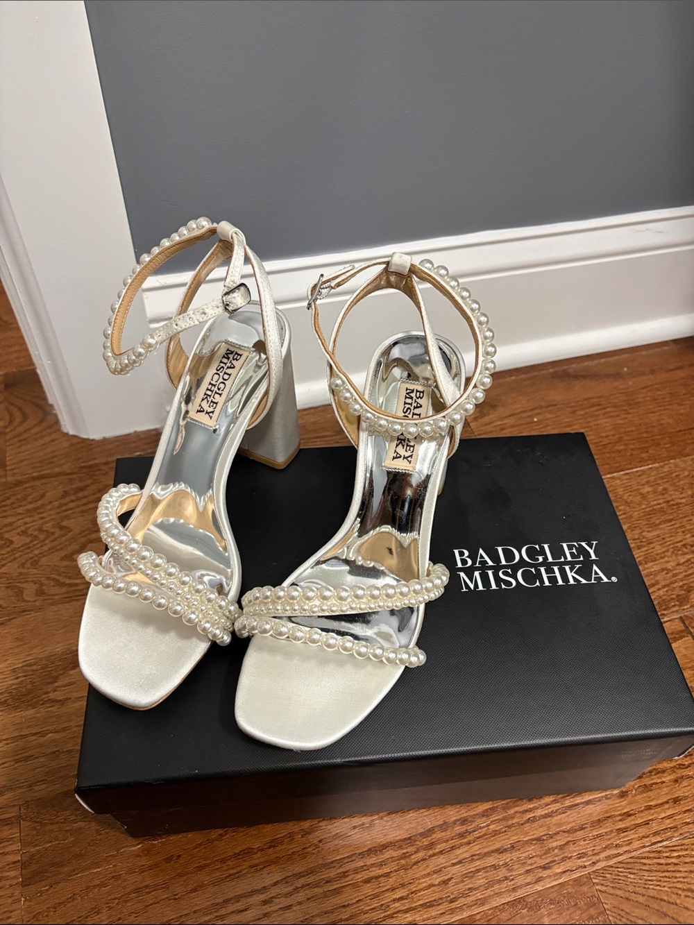 Badgley Mischka Pearl-Strap White Satin Block Heel Sandals